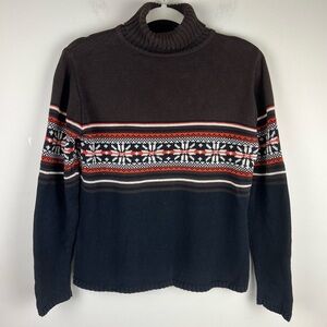 Vintage Preppy Cabincore Cotton Turtleneck Sweater Brown Navy Rust Geometric | S